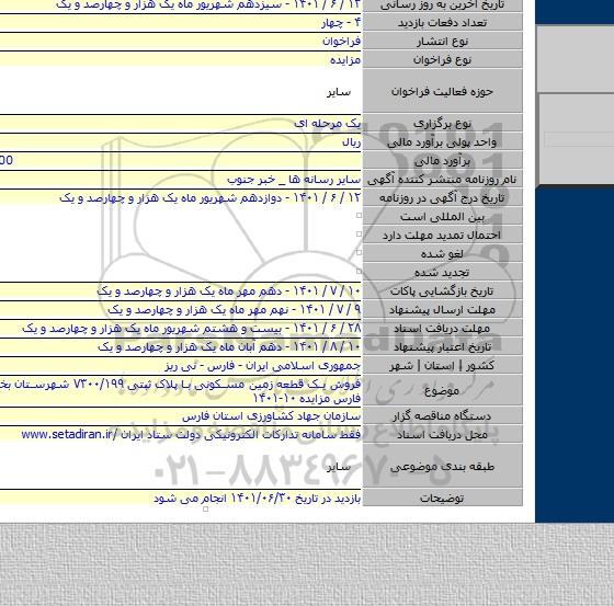 مزایده, فروش یک قطعه زمین مسکونی با پلاک ثبتی ۷۳۰۰/۱۹۹ شهرستان بختگان استان فارس مزایده ۱۰-۱۴۰۱
