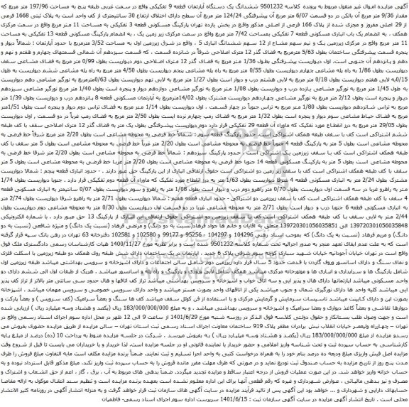 آگهی مزایده مششدانگ یک دستگاه آپارتمان قطعه 9 تفکیکی واقع در سمت غربی طبقه پنج به مساحت 197/96 متر مربع