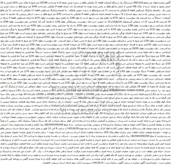 آگهی مزایده ششدانگ یک دستگاه آپارتمان قطعه 11 تفکیکی واقع در سمت غربی طبقه 6 به مساحت 197/96 متر مربع به پلاک ثبتی 1670 فرعی از 29 اصلی