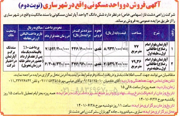 مزایده فروش شش دانگ 2 واحد آپارتمان مسکونی