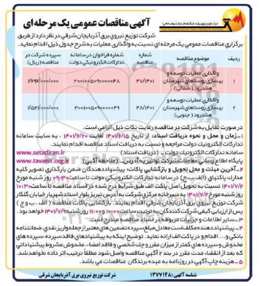 مناقصه عمومی واگذاری عملیات توسعه و بهسازی روستاهای شهرستان ...
