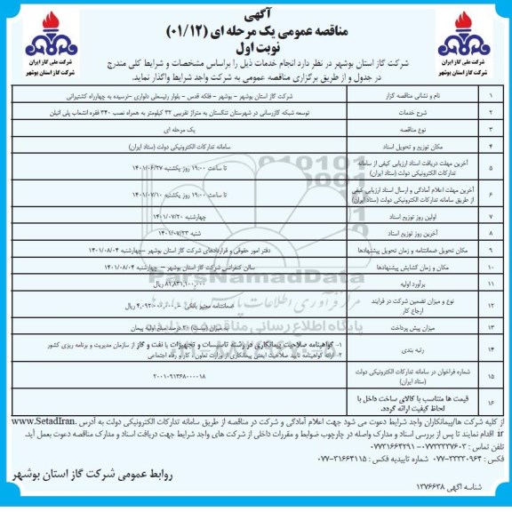 مناقصه توسعه شبکه گازرسانی در شهرستان
