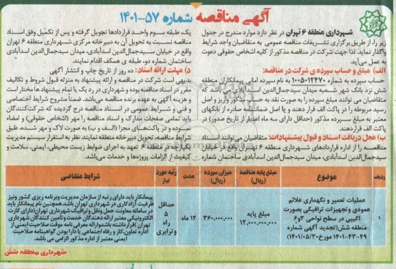 مناقصه عملیات تعمیر و نگهداری علائم عمودی