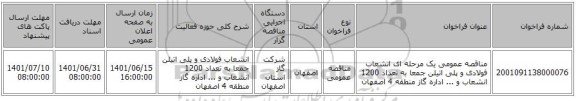 مناقصه، مناقصه عمومی یک مرحله ای انشعاب فولادی و پلی اتیلن جمعا به تعداد 1200 انشعاب و ... اداره گاز منطقه 4 اصفهان