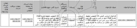مناقصه، فراخوان ارزیابی کیفی 10 کیلومتر خطوط تغذیه 8و10 اینچ در نایین و نصب یک عدد ایستگاه سی جی اس به ظرفیت 30 هزار متر مکعب در ساعت به همراه هیتر و... نایین
