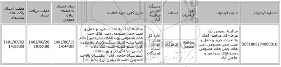 مناقصه، مناقصه عمومی یک مرحله ای مناقصه کمک به احداث خرید و حمل و نصب چمن مصنوعی زمین های چمن های مصنوعی روستاهای بندرخمیر و حاجی آباد