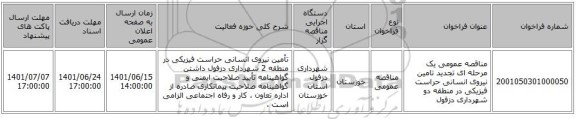 مناقصه، مناقصه عمومی یک مرحله ای تجدید تامین نیروی انسانی حراست فیزیکی در منطقه دو شهرداری دزفول