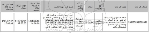 مناقصه، مناقصه عمومی یک مرحله ای تامین نیروی انسانی و تکمیل کادر اداری،عمرانی ، وخدماتی در منطقه دو شهرداری دزفول