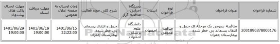 مناقصه، مناقصه عمومی یک مرحله ای حمل و انتقال پسماند بی خطر شده بیمارستان چمران