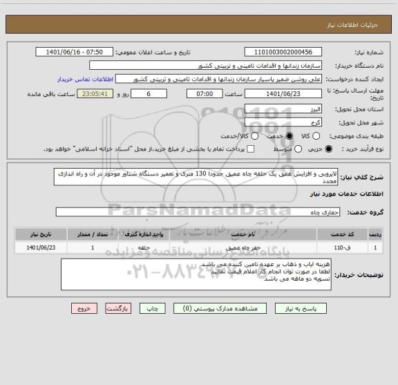 استعلام لایروبی و افزایش عمق یک حلقه چاه عمیق حدودا 130 متری و تعمیر دستگاه شناور موجود در آن و راه اندازی مجدد