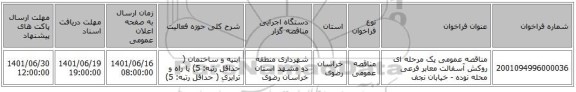 مناقصه، مناقصه عمومی یک مرحله ای روکش آسفالت معابر فرعی محله نوده - خیابان نجف