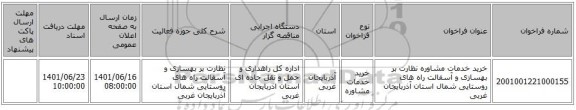 مناقصه، خرید خدمات مشاوره نظارت بر بهسازی و آسفالت راه های روستایی شمال استان آذربایجان غربی