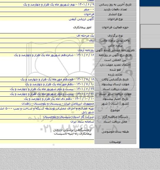 مناقصه, تهیه مصالح و اجرای عملیات توسعه شبکه و ساخت و نصب ۵۰۰۰ انشعاب گاز در شهر زابل