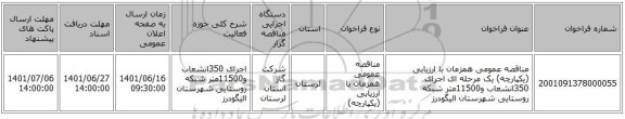 مناقصه، مناقصه عمومی همزمان با ارزیابی (یکپارچه) یک مرحله ای اجرای 350انشعاب و11500متر شبکه روستایی شهرستان الیگودرز
