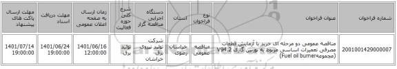 مناقصه، مناقصه عمومی دو مرحله ای خرید با آزمایش قطعات مصرفی تعمیرات اساسی مربوط به توربین گازی V94.2 (مجموعهFuel oil burner)
