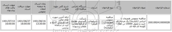 مناقصه، مناقصه عمومی همزمان با ارزیابی (یکپارچه) یک مرحله ای خرید و تحویل 15000 تن آهک کلوخه ای فله ای