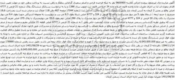 آگهی مزایده عرصه و اعیان یک واحد تجاری (وضعیت خاص طلق ) به شماره 21 فرعی از 4777 اصلی قطعه 21 تفکیکی مفروز