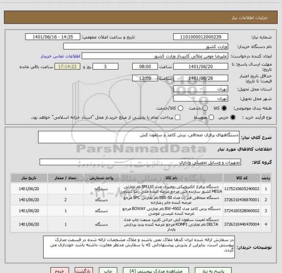 استعلام دستگاههای پرفراژ، صحافی، برش کاغذ و سلفون کش