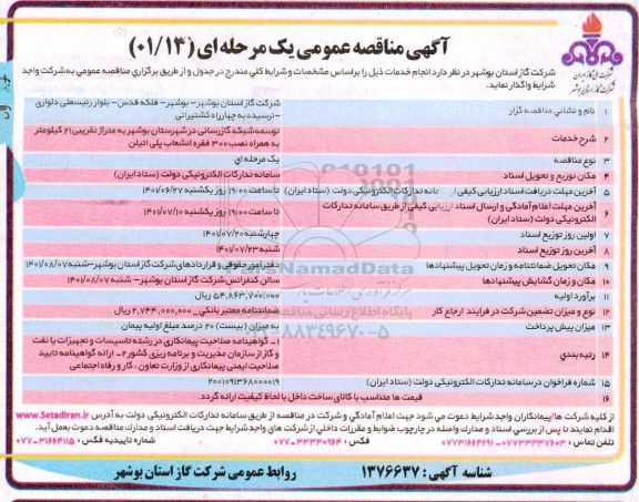 مناقصه توسعه شبکه گازرسانی در شهرستان