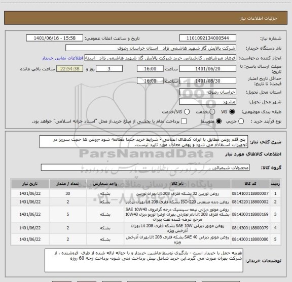 استعلام  پنج قلم روغن مطابق با ایران کدهای اعلامی - شرایط خرید حتما مطالعه شود -روغن ها جهت سرریز در تجهیزات استفاده می شود و روغن معادل مورد تایید نیست.