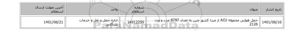 حمل هوایی محموله ACU از مبدا کشور چین به تعداد 8797 عدد و وزن 2126