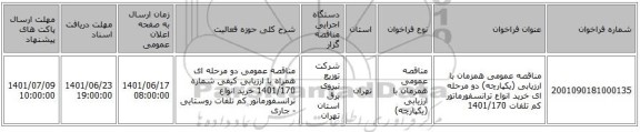 مناقصه، مناقصه عمومی همزمان با ارزیابی (یکپارچه) دو مرحله ای خرید انواع ترانسفورماتور کم تلفات 1401/170