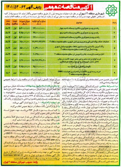 مناقصه رفت و روب جمع آوری مکانیزه پسماند ناحیه چهار  و...