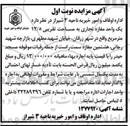 مزایده یک واحد مغازه تجاری به مساحت تقریبی 12/5 متر مربع