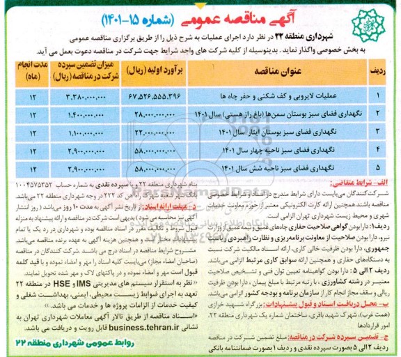 مناقصه عملیات لایروبی و کف شکنی و حفر چاهها....