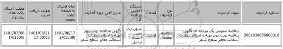 مناقصه، مناقصه عمومی یک مرحله ای آگهی مناقصه نوبت دوم تهیه و اجرای عملیات آسفالت معابر سطح شهر