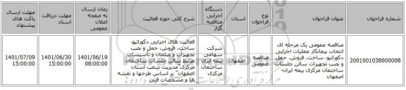 مناقصه، مناقصه عمومی یک مرحله ای انتخاب پیمانکار عملیات اجرایی دکوراتیو، ساخت، فروش، حمل و نصب تجهیزات سالن جلسات ساختمان مرکزی بیمه ایران- اصفهان