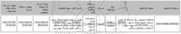 مناقصه، مناقصه عمومی یک مرحله ای طبق شماره مجوزشورای شهر : 33/401 ش- 21/01/1401 پروژه حمل آسفالت و مصالح سنگی