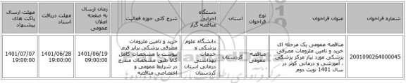 مناقصه، مناقصه عمومی یک مرحله ای خرید و تامین ملزومات مصرفی پزشکی  مورد نیاز مرکز پزشکی ، آموزشی و درمانی کوثر در سال 1401 نوبت دوم