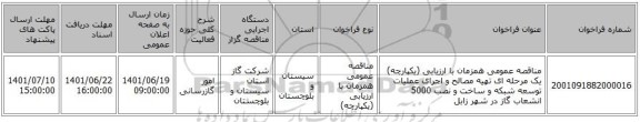 مناقصه، مناقصه عمومی همزمان با ارزیابی (یکپارچه) یک مرحله ای تهیه مصالح و اجرای عملیات توسعه شبکه و ساخت و نصب 5000 انشعاب گاز در شهر زابل