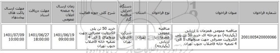 مناقصه، مناقصه عمومی همزمان با ارزیابی (یکپارچه) دو مرحله ای خرید 50 تن پلی الکترولیت مصرفی جهت مدولهای 1 الی 4 تصفیه خانه فاضلاب جنوب تهران