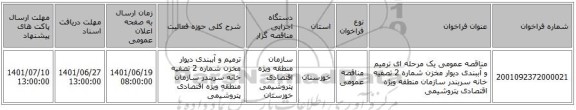 مناقصه، مناقصه عمومی یک مرحله ای ترمیم و آببندی دیوار مخزن شماره 2 تصفیه خانه سربندر سازمان منطقه ویژه اقتصادی پتروشیمی