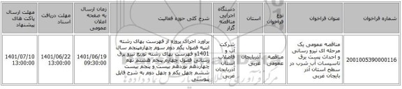 مناقصه، مناقصه عمومی یک مرحله ای نیرو رسانی و احداث پست برق تاسیسات آب شرب در سطح استان آذر بایجان غربی