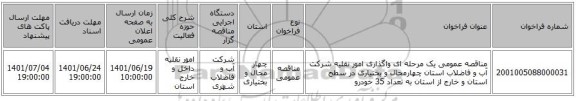 مناقصه، مناقصه عمومی یک مرحله ای واگذاری امور نقلیه شرکت آب و فاضلاب استان چهارمحال و بختیاری در سطح استان و خارج از استان به تعداد 35 خودرو
