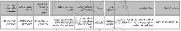 مناقصه، مناقصه عمومی یک مرحله ای تجدید اصلاح و بهینه سازی شبکه های توزیع امور برق نوشهر