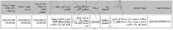مناقصه، مناقصه عمومی یک مرحله ای تجدید اصلاح و بهینه سازی شبکه های توزیع امور برق چالوس