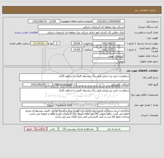 استعلام درخواست خرید برد شارژر طبق برگ پیشنهاد قیمت و اسکوپ کاری