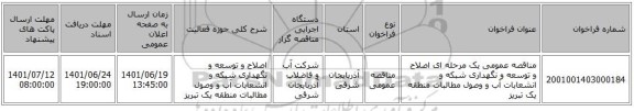 مناقصه، مناقصه عمومی یک مرحله ای اصلاح و توسعه و نگهداری شبکه و انشعابات آب و وصول مطالبات منطقه یک تبریز