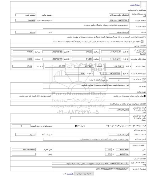 مزایده ، اجاره مجموعه غذاخوری پردیسان دانشگاه حکیم سبزواری