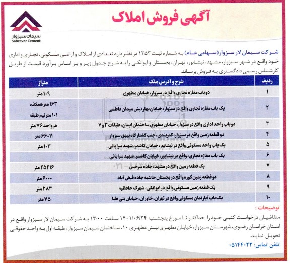 مزایده فروش تعدادی از املاک و اراضی مسکونی تجاری و اداری
