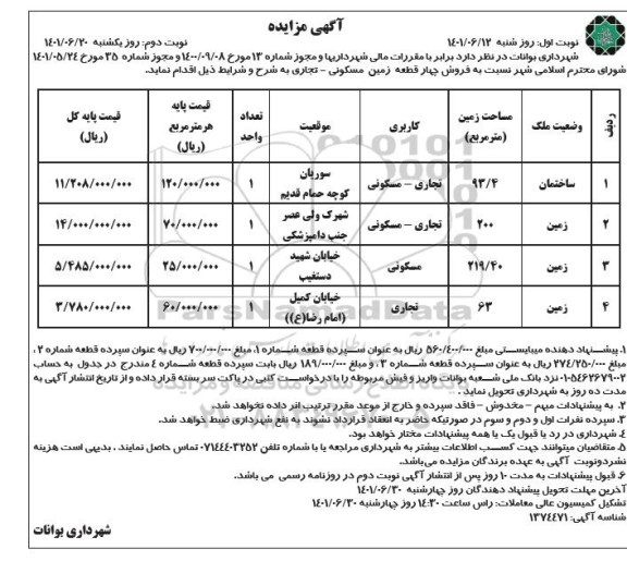 مزایده فروش چهار قطعه زمین مسکونی و تجاری نوبت دوم