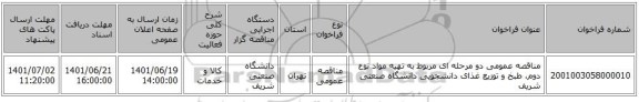 مناقصه، مناقصه عمومی دو مرحله ای مربوط به تهیه مواد نوع دوم، طبخ و توزیع غذای دانشجویی دانشگاه صنعتی شریف