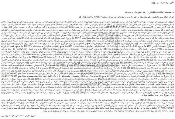 مزایده فروش میزان مبذر محلی 120 من مشاع زمین آبی و 210 من مشاع زمین دیمی