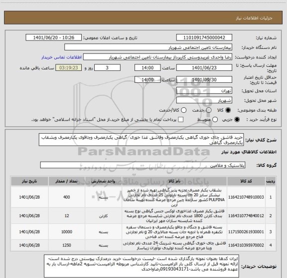استعلام خرید قاشق چای خوری گیاهی یکبارمصرف وقاشق غذا خوری  گیاهی یکبارمصرف وچاقوی یکبارمصرف وبشقاب یکبارمصرف گیاهی