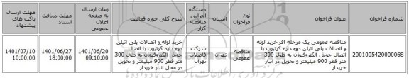 مناقصه، مناقصه عمومی یک مرحله ای خرید لوله و اتصالات پلی اتیلن دوجداره کُرتیوب با اتصال جوش الکتروفیوژن به طول 300 متر قطر 900 میلیمتر و تحویل در انبار خریدار
