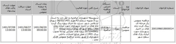 مناقصه، مناقصه عمومی یک مرحله ای رینگ کردن چاه های در اختیار شهرداری جهت آبیاری پارک های سطح شهر